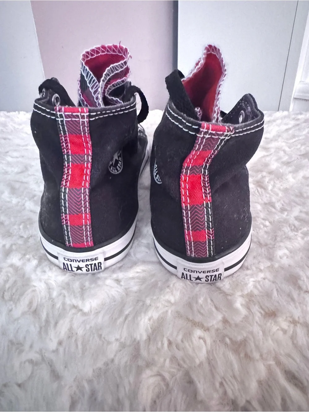 Converse All Star Kids Black Canvas High-Top Sneakers with Plaid Lining